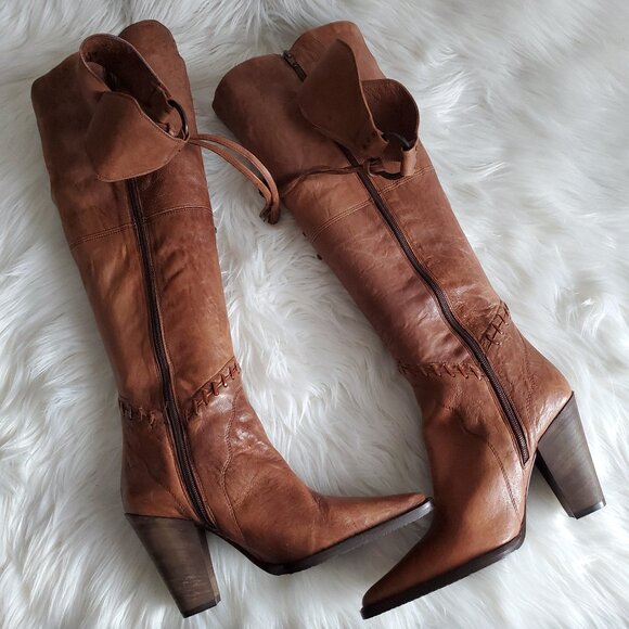Andre' Cognac Leather Riding Studded Side Zipper Knee High Boot SZ 8 - Picture 1 of 16